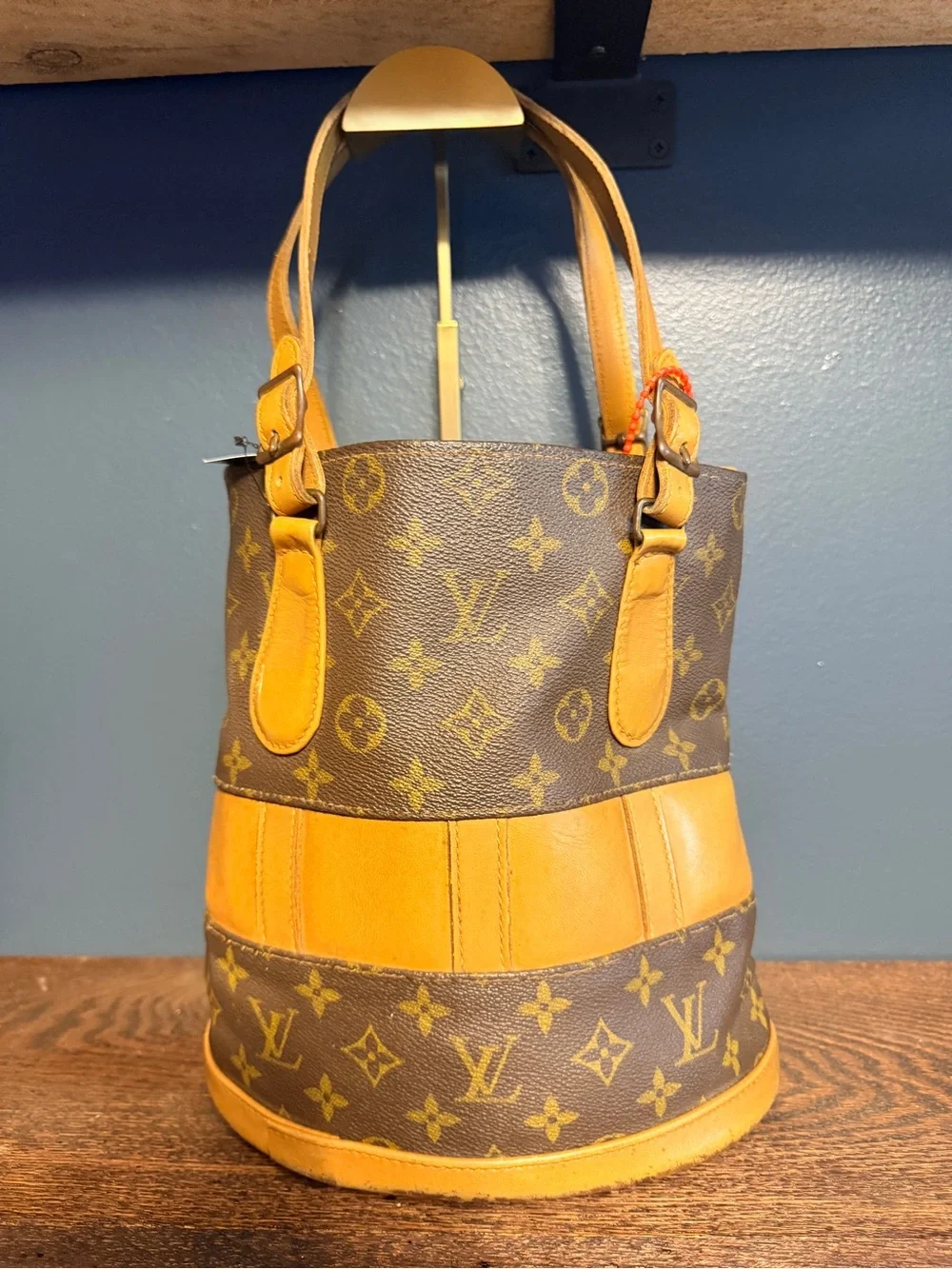 Louis Vuitton Vintage 1970’s Brown Monogram and Tan Leather Bucket Bag COA